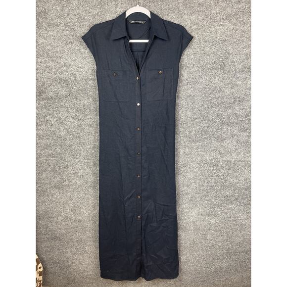 Zara Linen Navy Blue Sleeveless Button-down Maxi Shirt Dress Size XS - Picture 2 of 15